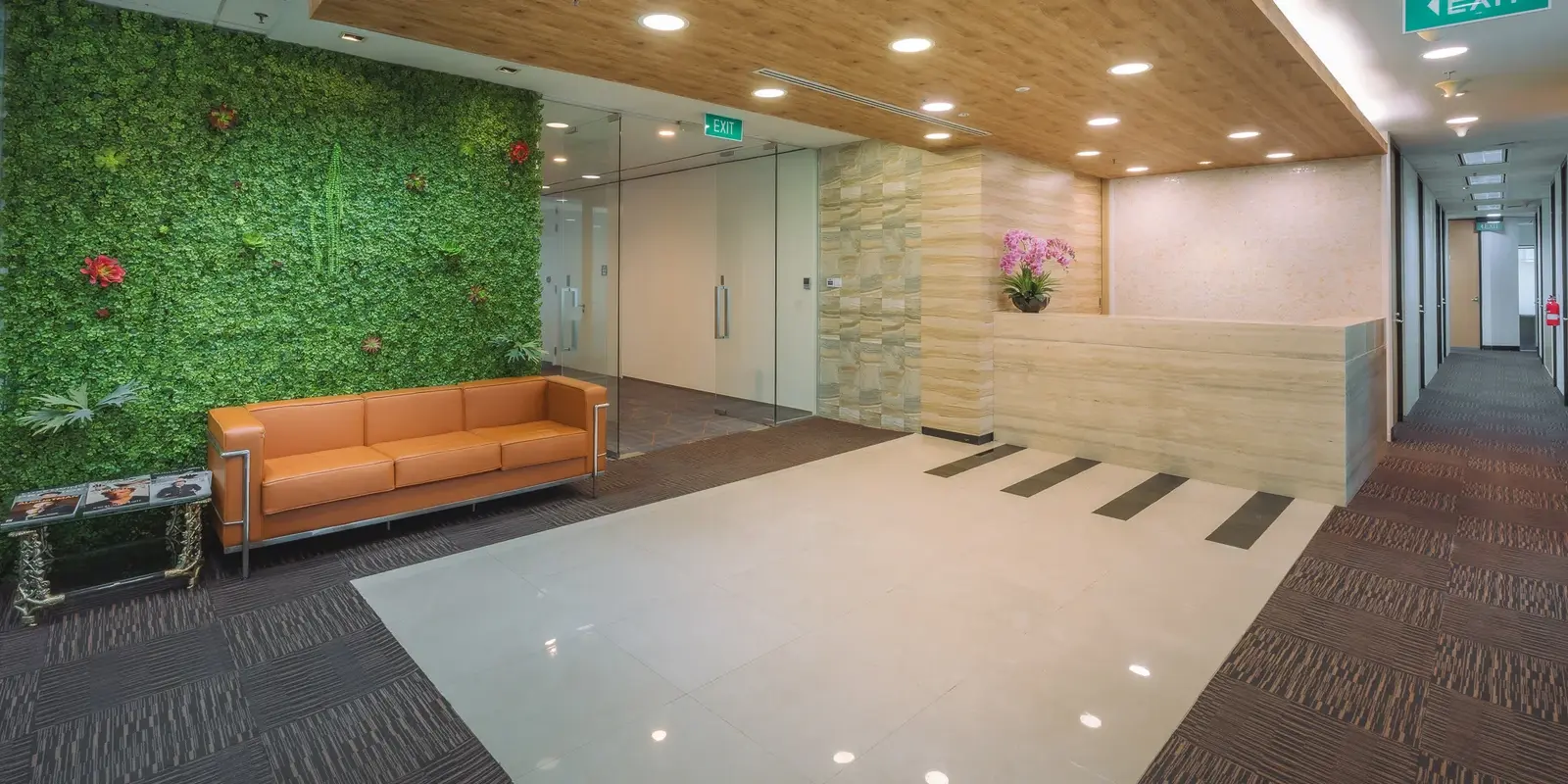 Professional reception counter with green feature wall