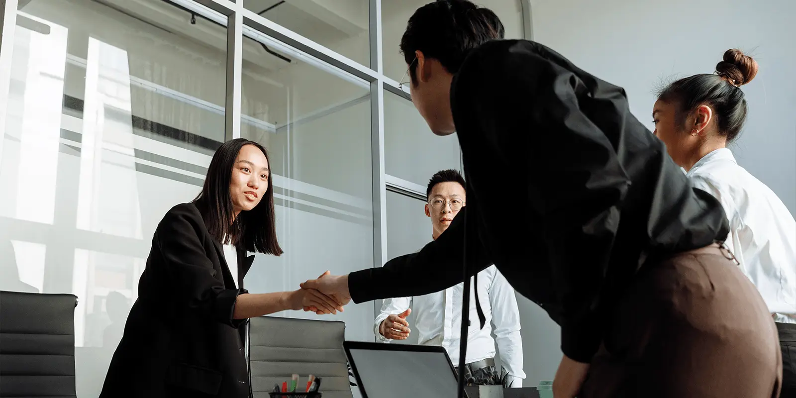 Business professionals shaking hands after agreement